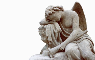 Antique statue of a tired warrior angel. Death and suffering