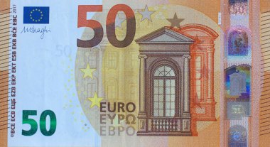 50 avroluk banknotun bir parçası. Kahverengi detaylarla yakın plan.