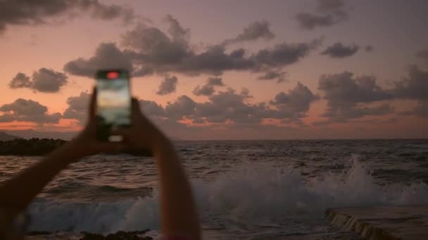 Beautiful Young European Women Girl Sea Takes Selfie Photographs Sunset — Stockvideo