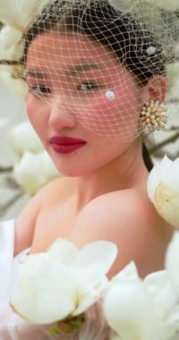 Asian woman enjoying nature, touching flowers in Garden with blooming magnolia.