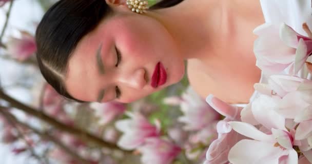 Asian Woman Enjoying Nature Touching Flowers Garden Blooming Magnolia — Stock videók