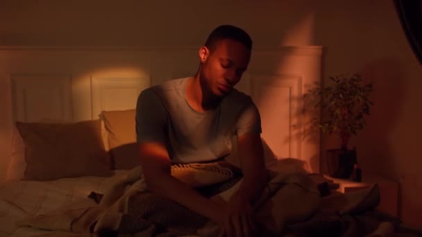 Insomnia Night Dark Skinned Guy Tired Disturbed Anxiety Trying Rest — Vídeo de Stock