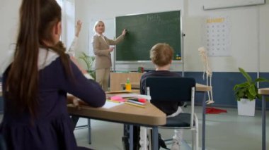 Elementary school class, children communicate with the teacher, answering various questions.