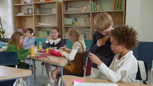 Начальный Класс Дети Общаются Учителем Отвечая Различные Вопросы — стоковое видео
