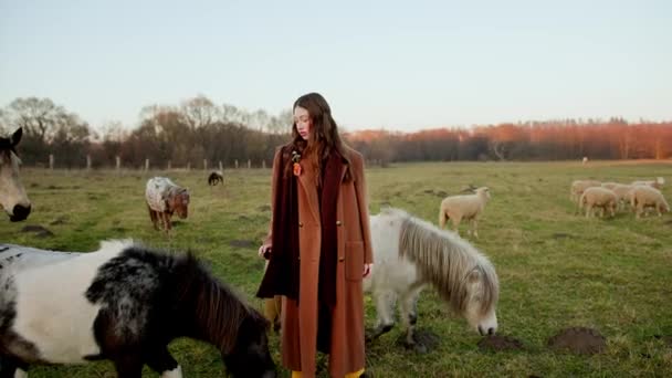 Güneşli Bir Günde Atlarla Ormanda Çiçekli Sevimli Avrupalı Kız Gülümsüyor — Stok video
