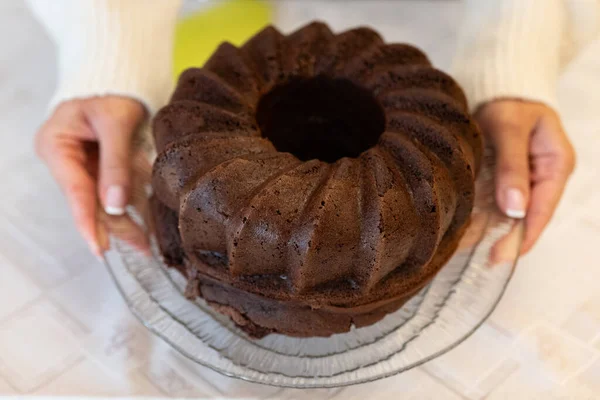 Chocolate Cake Woman Hands — Stock Photo, Image