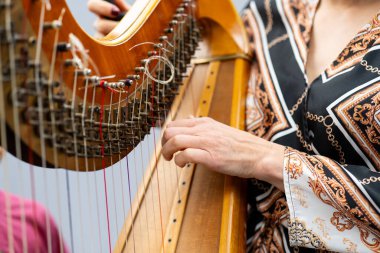 Arp çalan kadın. Arp, klasik ve akustik bir enstrüman..