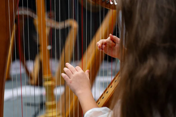 Arp çalan küçük kız. Arp, klasik ve akustik bir enstrüman..