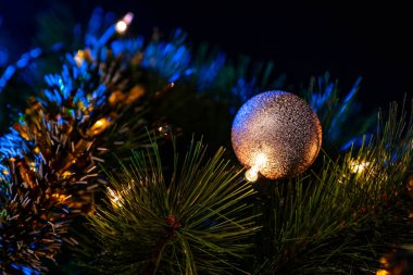 Yılbaşı ağacı süslemesi, siyah arka planda ışıkları ve Bokeh ile birlikte. Koyu mavi arka planda noel ağacı.