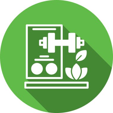 Uzun gölgeli beyaz çizgi fitness salonu ikonu. Spor salonu binası. Yeşil daire düğmesi. vektör illüstrasyonu