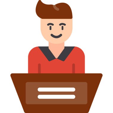 Dizüstü bilgisayarı ve kese kağıdı vektör çizimi olan bir adam.