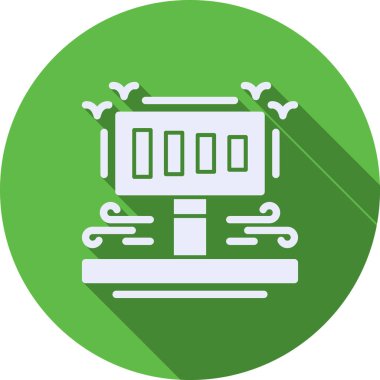 Beyaz çizgi tren bileti ikonu uzun gölgeli. demiryolu ile seyahat etmek. Yeşil daire düğmesi. vektör illüstrasyonu