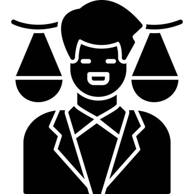 Yargıç ikonu kabartma stilinde. Kanun sembollü kişi illüstrasyonu. Siyah ikon. vektör çemberi basit ve katı sembol.