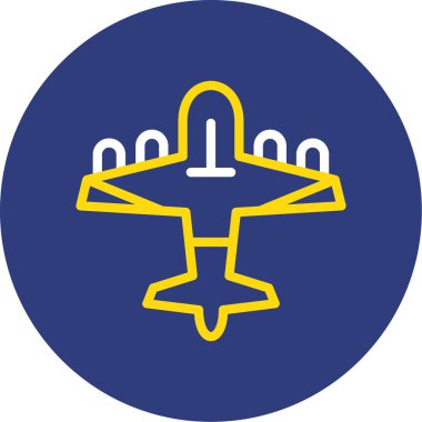 Uçak vektör simgesi. Bu düz yuvarlak sembol sarı ve beyaz renkler kullanır ve beyaz arkaplanda izole edilir.