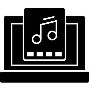 Müzik notaları simgesi olan dizüstü bilgisayar. Web için nota notaları vektör simgesinin basit illüstrasyonu