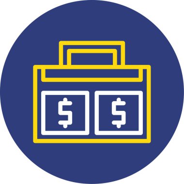 Para kutusu simgesi. vektör biçimi yuvarlak açılı düz ikonik sembol, sarı renk, mavi arkaplan.