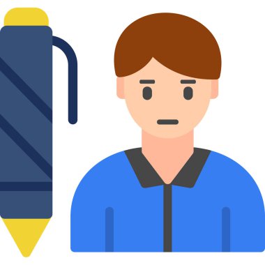 Mavi takım elbiseli, sırt çantalı ve kalemli bir çocuğun vektör çizimi