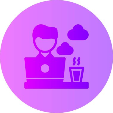 Dizüstü bilgisayarı ve bir fincan kahve ikonu olan bir adamın vektör çizimi