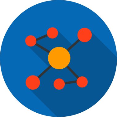 Molekül vektör simgesi. Bu düz simge turuncu ve mavi renkler kullanır, yuvarlak ve turuncu renkler kullanır, beyaz arkaplanda izole edilir