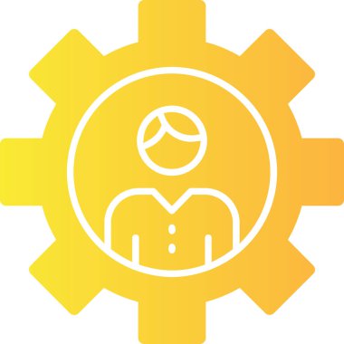 dişli simgesi. Vektör biçimi yuvarlak açılı düz ikonik sembol, sarı renk, beyaz arkaplan.