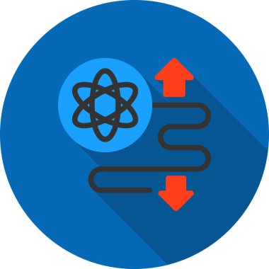 Atom vektörü simgesi. Bu düz yuvarlak kare düğme mavi ve gri renkler kullanır ve beyaz bir arkaplanda izole edilir
