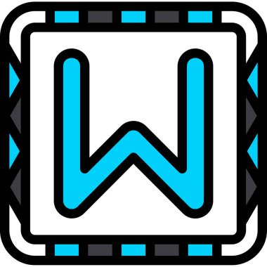 W harfi vektör simgesi. Doldurulmuş - taslak biçim simgesi. Renkli siyah ve beyaz renk, dikdörtgen renk biçimi.