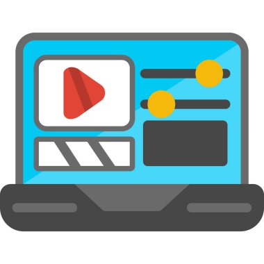 ortam ve çokluortam simgesi ile dizüstü bilgisayar ekranı, düz tasarım biçimi.