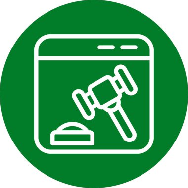 Yargıç Çekiç ikonu. Bu yuvarlak düz sembol beyaz arkaplanda eko yeşil ve gri renklerle çizilir