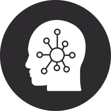 Beyin vektör simgesi olan bir kafa. Bu düz yuvarlak sembol beyaz arkaplanda gri ve gri renklerle çizilir.