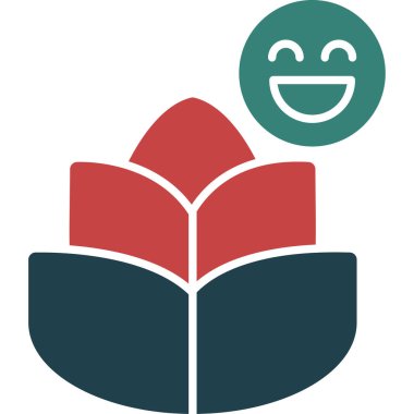 Kitap ikonuyla gülümseyen mutlu adam, düz stil.