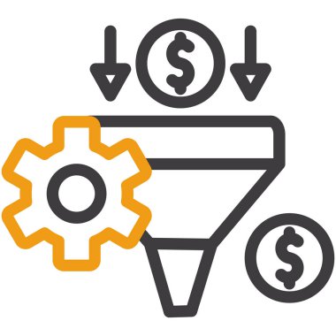 Dolar ve dişli ikonu. Vektör biçimi yuvarlak açılı düz ikonik sembol, sarı renk, beyaz arkaplan.