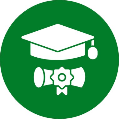 Mezuniyet şapkası ikonu. Vektör biçimi düz ikonik sembol, yuvarlak açılar, yeşil renk, beyaz arkaplan.