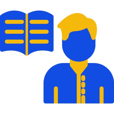 Mavi gömlekli bir adamın vektör çizimi, bir kitap, bir kitap ve bir defter.