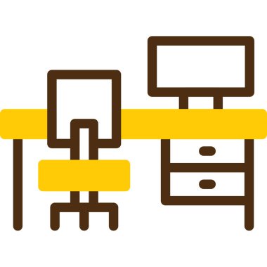 Masa simgesine sahip bilgisayar monitörü ve masaüstü, beyaz arkaplanda izole edilmiş vektör illüstrasyonu