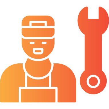 İnşaatçı simgesi. Vektör biçimi yuvarlak açılı, turuncu renk ve beyaz arkaplan içeren düz ikonik semboldür.