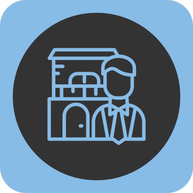 vektör simgesi oluşturuyorum. Bu düz yuvarlak sembol mavi ve gri renkler kullanır ve beyaz arkaplanda izole edilir.