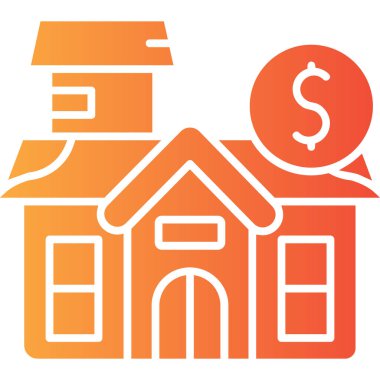 Banka ikonu. Vektör biçimi yuvarlak açılı, turuncu renk ve beyaz arkaplan içeren düz ikonik semboldür.