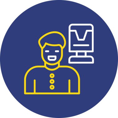 Dizüstü bilgisayar simgesi olan dairesel çerçeveli bir adam.