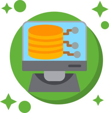 veri yönetimi düz simgesi, bilgisayar, veritabanı ve para.