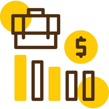 Dolar torbası ikonu. Vektör stili düz sembol, sarı renk, kahverengi arkaplan. beyaz arkaplan.