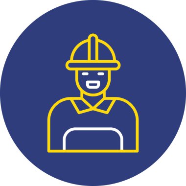 Kafasında şapka ve güvenlik kaskı çizimi olan bir adam beyaz arka planda, düz bir şekilde izole edilmiş.