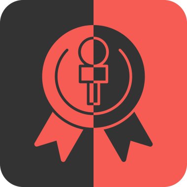 Rozet sembolü. Yoğun kırmızı ve beyaz renklerde ve beyaz arkaplanda izole edilmiş düz yuvarlak kare düğme.