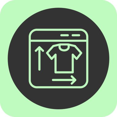 Askı vektör ikonlu tişört. biçim düz yuvarlak sembol, yeşil ve gri renkler, yuvarlak tuş, beyaz arkaplan.