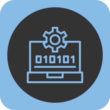 Kodlama vektör simgesi. Bu düz yuvarlak sembol gri ve mavi renkler kullanır ve beyaz arkaplanda izole edilir.