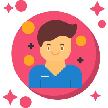 Renkli arkaplan üzerinde yuvarlak çerçeveli ve yıldız simgesi olan avatar adam, vektör illüstrasyonu