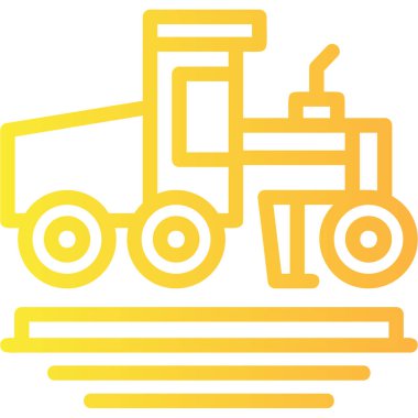 Traktör ikonu. Vektör biçimi yuvarlak açılı düz ikonik sembol, sarı renk, beyaz arkaplan.