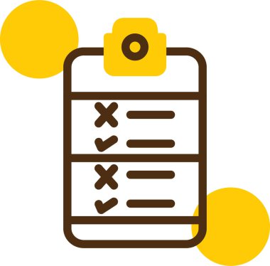 Kontrol listesi simgesi. Kabartma biçimi çift renkli düz sembol, sarı ve siyah renkler, yuvarlak açılar, beyaz arkaplan.