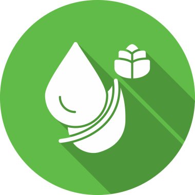 Uzun gölgeli beyaz çizgi yaprak simgesi. Taze ürün. Yeşil daire düğmesi. vektör