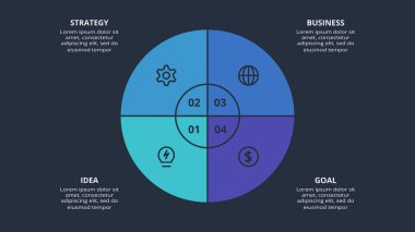 Dark infographic with 4 elements template for web on a black background, business, presentation, vector illustration
