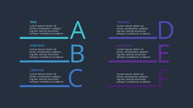 Dark infographic with 6 elements template for web on a black background, business, presentation, vector illustration